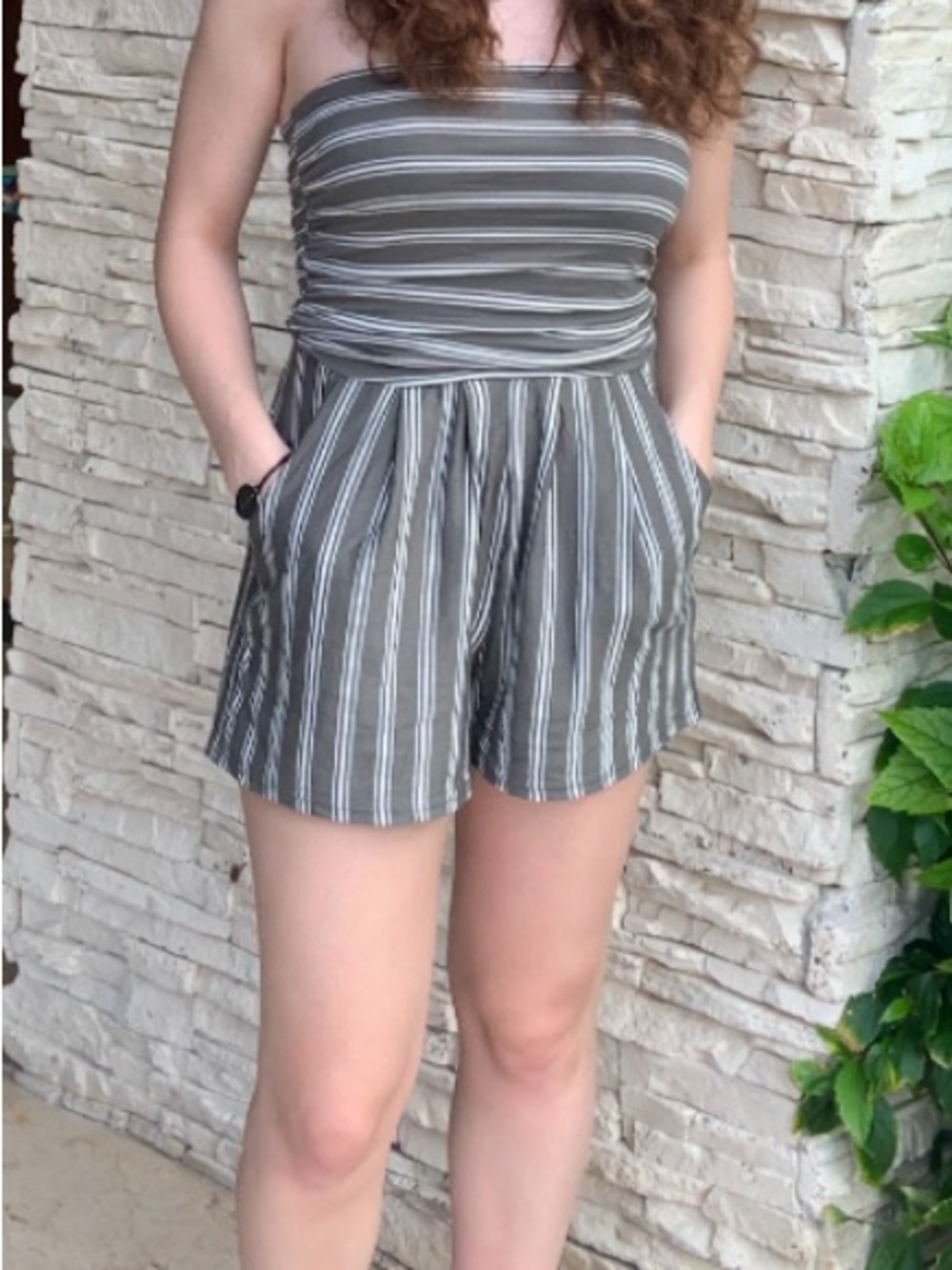Striped Strapless Brown Romper Dress